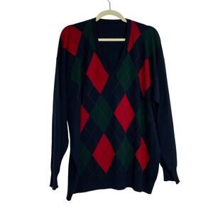 Argyle Print V-neck Men's Sweater Made in Scotland 100% Lambswool size XL Preppy